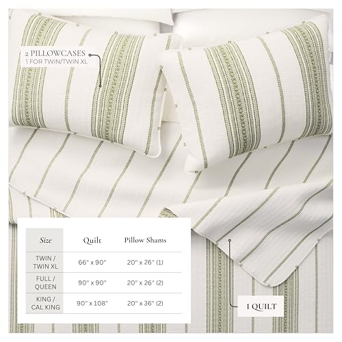 Great Bay Home King Reversible Quilt Bedding Set - All Season, Modern, Lightweight Bedspreads - White and Green Striped Coverlets (Includes 1 Quilt, 2 Pillow Shams) Great Bay Home