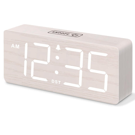 DreamSky Wooden Digital Alarm Clock for Bedroom - Wood Desk Clocks for Living Room with Large Numbers, Dimmer, USB Port, Loud Alarm for Heavy Sleepers with Volume Control, DST DreamSky