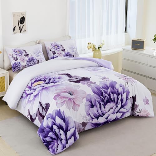 RYNGHIPY Purple Floral Comforter Set: Lightweight Soft Bedding Comforter Sets for All Season - Farmhouse Flower Bedding Set Full Size (Purple,Full Size) RYNGHIPY