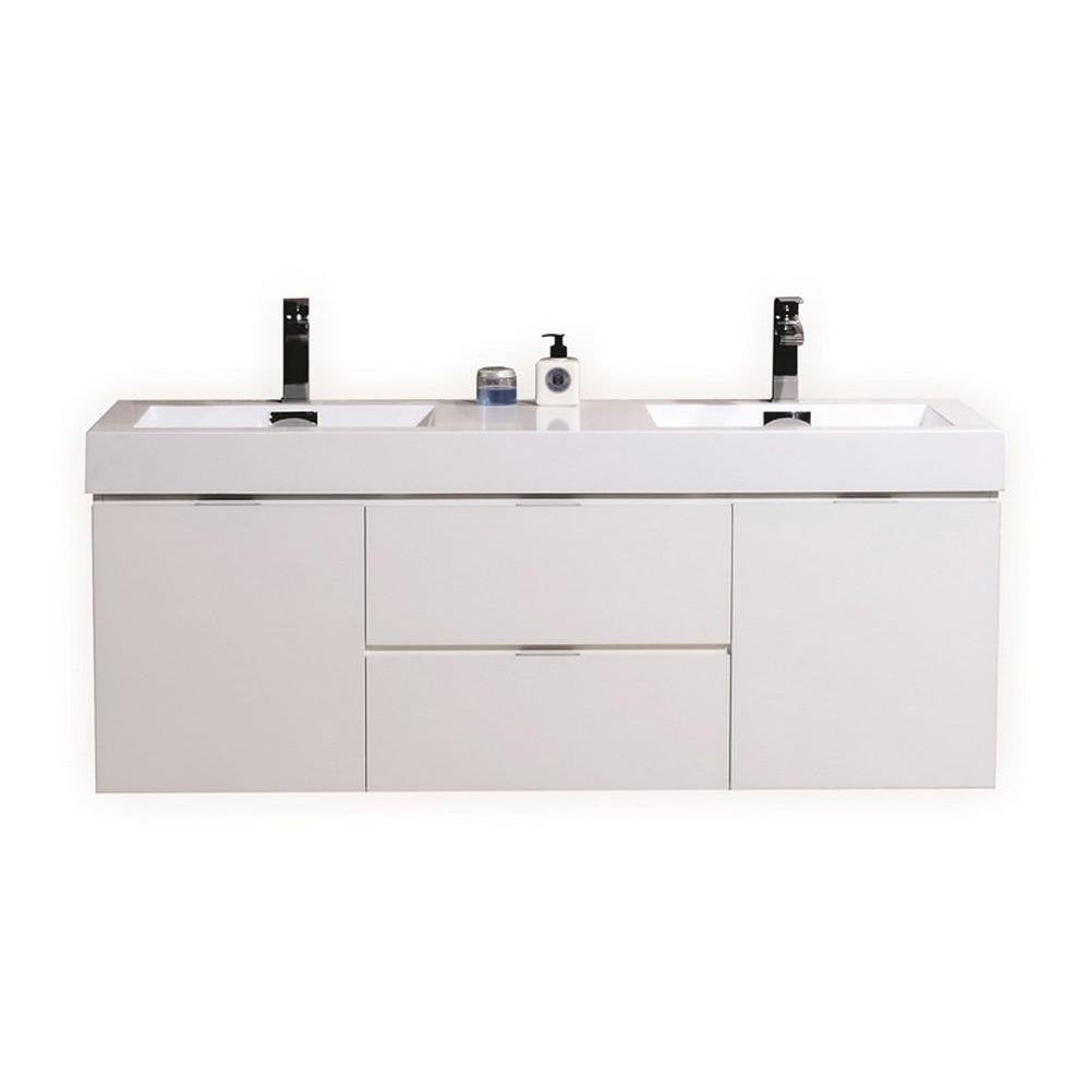 Kubebath Bliss 60" Double Sink High Gloss White Wall Mount Floating Modern Bathroom Vanity Kube Bath