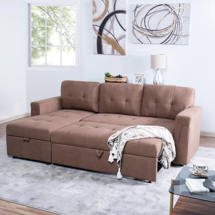 Naomi Home Jenny Sectional Sofa Sleeper with Storage Chaise, Tufted Pull Out Couch with Storage, Sectional Sofa Bed, L-Shaped Reversible Sleeper Sofa with Storage, Mocha,Velvet Naomi Home