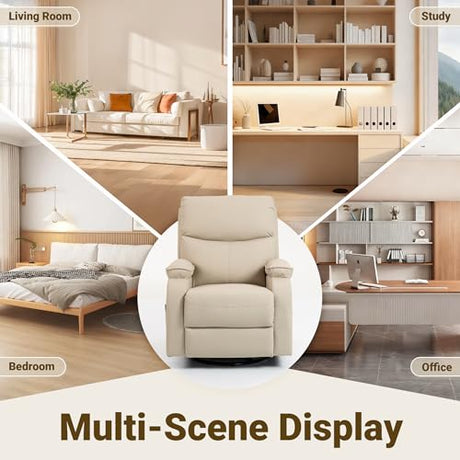 Culect 360° Swivel Rocking Recliner Chair, Massage Lazy Boy Recliner, Small Spaces Recliner for Living Room, Bedroom and Nursery, Beige Leather Culect