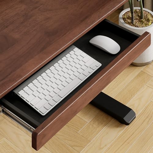 ONBRILL Standing Desk with Drawer, 47x23.6 Inches Solid Wood Desktop Stand Up Desk with Whole-Piece Board and Storage Shelf, Adjustable Height from 28-46 Inches for Home & Office, Black Walnut ONBRILL