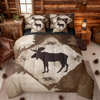 Homewish Moose Cabin King Bedding Set 7 Pieces Cartoon Wild Animal Jungle Trees Comforter Set for Kids Teens Adults Bedroom Decor (Comforter,Flat Sheet,Fitted Sheet,2 Pillowcases,2 Pillow Covers)