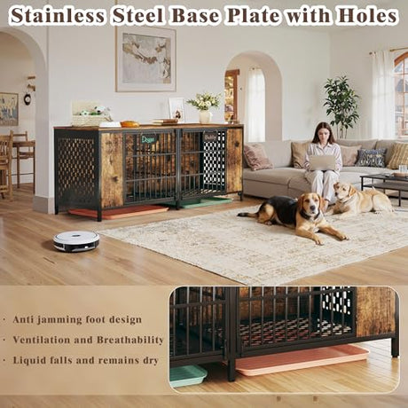 63" Large Double Dog Kennel Furniture for 2 Dogs – Extra Sturdy XXL Metal & Wooden Medium Dog Cage with Removable Divider, Dual Doors & Name Tags – Indoor/Outdoor Crate for Large Breeds HUAHUU