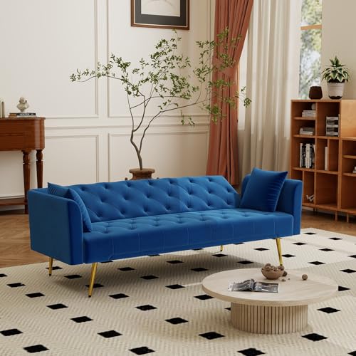 KEIKI 72" Futon Sofa Bed, 2-in-1 Loveseat, Velvet Upholstered Couches for Living Room, Sofa Sleeper for Small Space, Small Apartment Friendly Modern Home Soft Comfortable Folding Bed, Blue KEIKI