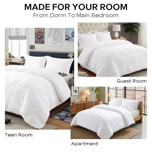 Cozyide White Duvet Cover Full Size, 3 Pieces Bedding Duvet Covers, Soft Breathable Seersucker Duvet Cover Set with Zipper Closure and Corner Ties (1 Duvet Cover 80"x90" + 2 Pillow Shams 20"x26") Cozyide