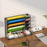 Jakyitvi File Organizer Wall Mounted, 4 Tiers Durable Adjustable Metal Desk Organizer, Desktop Hanging File Holder with 4 Pen Slots Stable, 4 Pull-Out Divider for File, Mail, Black, Patent Pending Jakyitvi