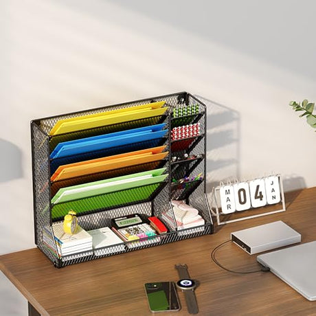 Jakyitvi File Organizer Wall Mounted, 4 Tiers Durable Adjustable Metal Desk Organizer, Desktop Hanging File Holder with 4 Pen Slots Stable, 4 Pull-Out Divider for File, Mail, Black, Patent Pending Jakyitvi