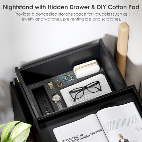 Suuiwau Black LED Nightstand with Charging Station, App - Controlled LED Lights & Sliding Top, Night Stand End Table with Hidden Compartment for Bedroom Suuiwau