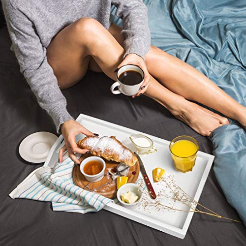 Breakfast Tray Table with Folding Legs Serving Tray Bamboo Dinner Trays for Platter Laptop Desk Bed Table Kitchen Serving Tray Snack Trays Large Size (White Large) Artmalle