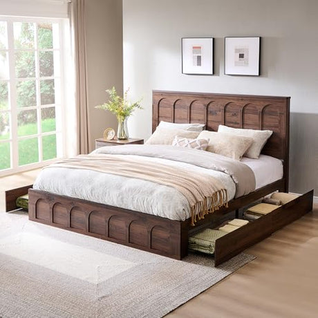 ACCOHOHO King Size Bed Frame Modern with 52" Tall Arched Recessed Headboard and 4 Drawers, Solid Wood Slats Support, Wood Platform, Noise Free, No Box Spring Needed, (Brown) ACCOHOHO