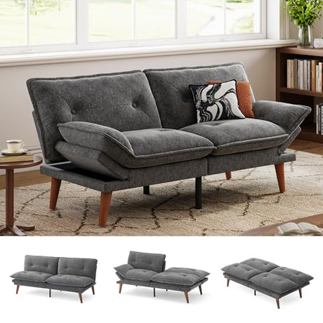 LINSY HOME Futon Sofa Bed, 70" Chenille Futon Couch with Adjustable Backrest Armrest, 3 in 1 Convertible Comfy Loveseat Sleeper Sofa Bed for Small Spaces Dorm Room Apartment Home Office, Dark Grey LINSY HOME