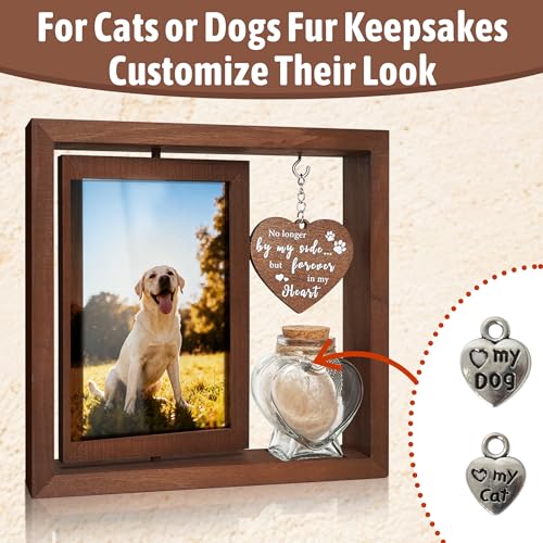 HAMUIERS Cat Memorial Gifts for Loss of Cat - Rotating Wooden Frame for 4x6 Photo & Fur Hair Jar - Sympathy Gift for Pet Bereavement, Remembrance Keepsake - Rainbow Bridge Gift for Cat Lovers