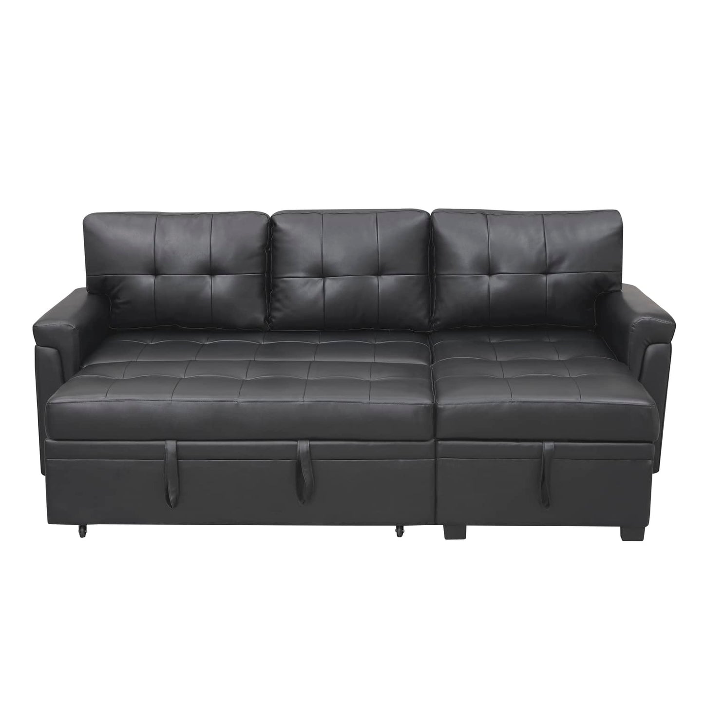 Naomi Home Jenny Sectional Sofa Sleeper with Storage Chaise, Tufted Pull Out Couch with Storage, Sectional Sofa Bed, L-Shaped Reversible Sleeper Sofa with Storage, Black,Air Leather