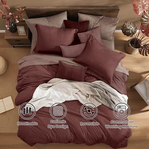 Monbix Queen Comforter Set - 7 Pieces Cationic Dyeing Dark Red Bed in a Bag Queen Bedding Sets with Comforter, Sheets, Pillowcases & Shams, Reversible Bedding Comforters Sets Monbix