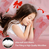 A Nice Night Red Bow Comforter Set,6 Piece Bed in a Bag Matching Sheet Set,Cute Ribbon Bowknot Bedding Sets,Princess Style Strawberry Printed,Light Pink Room Decor for Girls,Queen A Nice Night