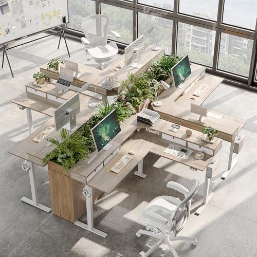 TIQLAB L Shaped 63 x 55 inch Standing Desk Adjustable Height, Electric Corner Standing Desk with 4 Drawers and Upper Shelf, Sit Stand Computer Table with Splice Board, Maple TIQLAB
