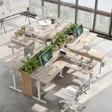 TIQLAB L Shaped 63 x 55 inch Standing Desk Adjustable Height, Electric Corner Standing Desk with 4 Drawers and Upper Shelf, Sit Stand Computer Table with Splice Board, Maple TIQLAB