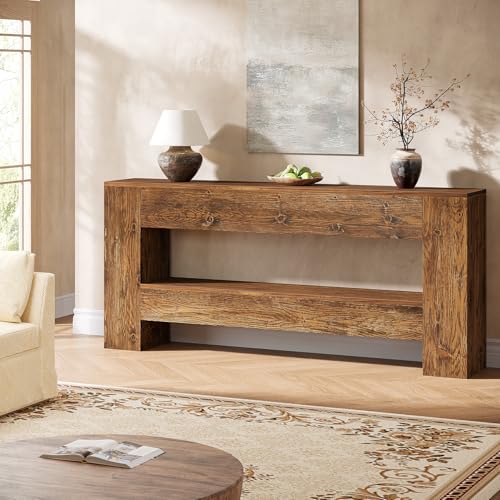 TRIBEWOOD Solid Wood Console Table, 63-Inch Farmhouse Entryway Table with 2-Tier Storage Shelf, Rustic Wooden Narrow Long Sofa Table Behind Couch for Entryway, Hallway, Foyer, Living Room, Brown TRIBEWOOD