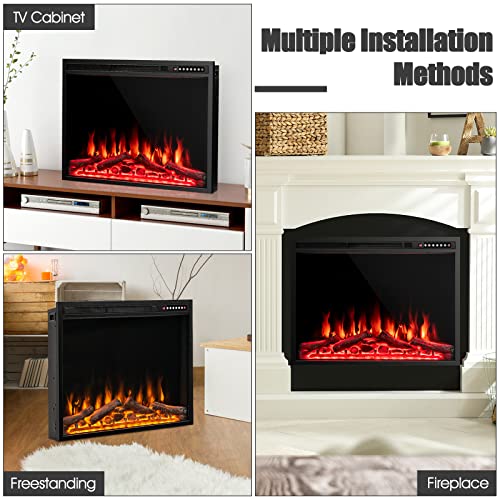 COSTWAY 37-Inch Electric Fireplace, Wall-Mounted and Recessed Fireplace Heater with 4 Flame and Log Colors, 5-Level Flame Speed and Brightness, Remote Control, 8H Timer, Overheat Protection, 1500W COSTWAY