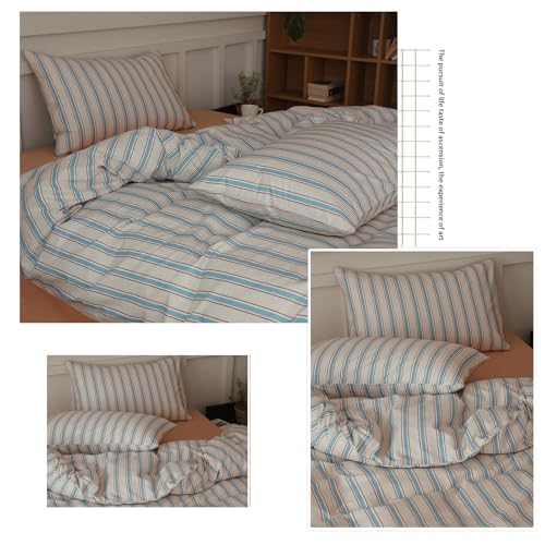 Blue Striped Duvet Cover Set Full 100% Cotton Retro Stripes Pattern 3 Pieces Bedding Set Blue Brown Striped Comforter Cover Minimalist Soft Breathable Duvet Cover with Zipper Closure & Corner Ties LifeTB