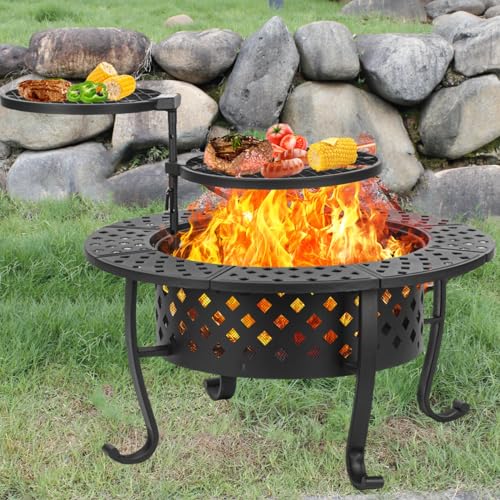 Panovue 36 Inch Fire Pit with 2 BBQ Grills, Wood Burning Fire Pits for Outside with Lid & Fire Poker, BBQ& Outdoor Firepit & Round Metal Table 3 in 1 for Patio, Picnic, Party… Panovue