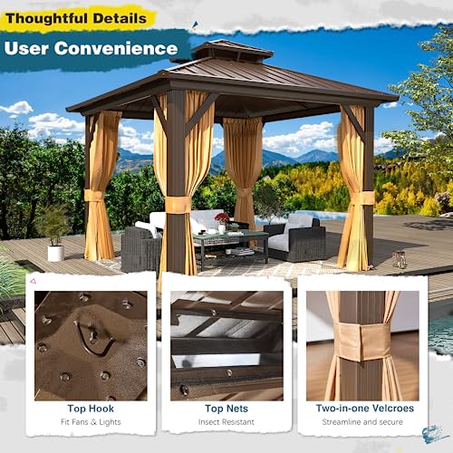 MELLCOM 10'x10' Hardtop Gazebo, Galvanized Steel Metal Double Roof Aluminum Gazebo with Curtain and Netting, Brown Permanent Pavilion Gazebo for Patio, Lawn & Garden - WoodArtSupply