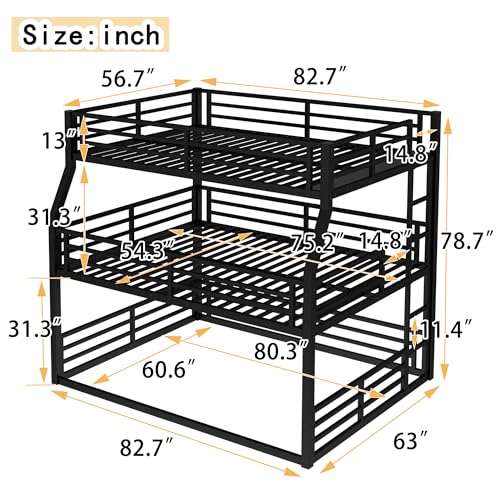 Bellemave Metal Triple Bunk Bed with Full-Length Guardrails, Full XL Over Queen Over Queen Bunk Bed for 3, Noise-Reduced, Metal Black Bellemave