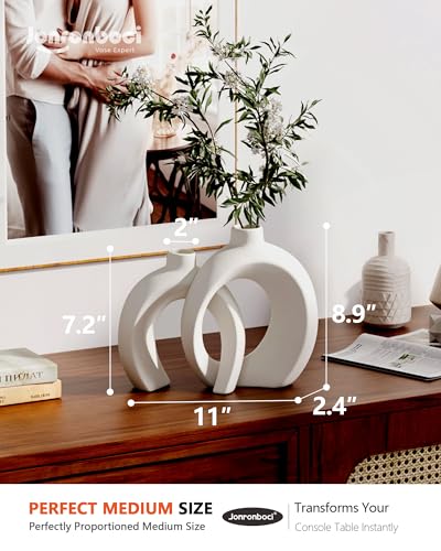 7.2″Hx8.9″H Donut Shape Decorative Vase Set of 2, Ceramic, Modern Minimalism Styles, Flowers or Plant Table Vases for Home Decor Living Room Shelf Entry Console Mantle Dining Centerpiece (Matte White) Jonronboci