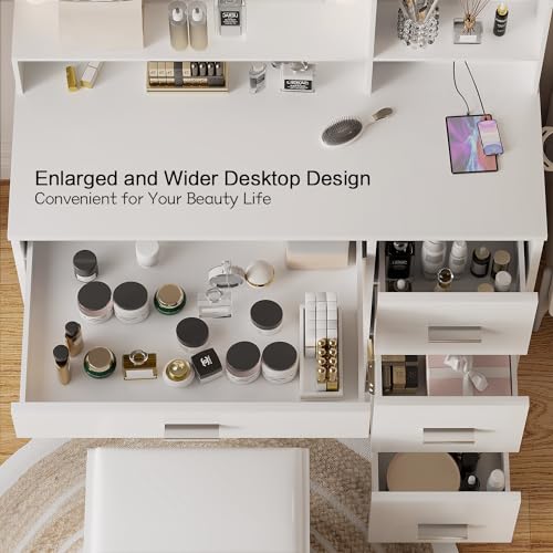 YESHOMY Vanity Desk with Mirror, Power Outlet and 10 Lights, Makeup Table with 4 Drawers, 3 Color Modes Available for Bedroom, White - WoodArtSupply