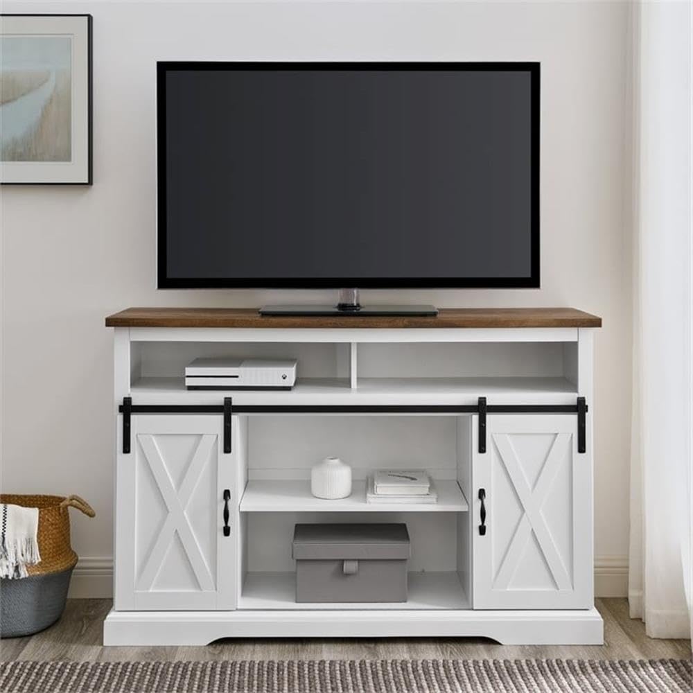 Pemberly Row Farmhouse Sliding Door Wood 52" Highboy TV Stand Console Buffet Credenza Storage Cabinet in White Pemberly Row