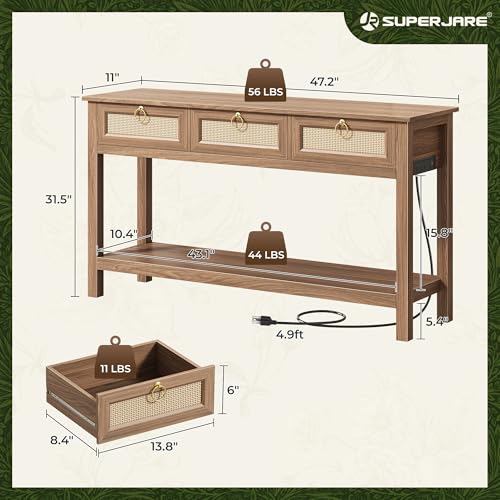 SUPERJARE Rattan Console Sofa Table with Outlets and USB-C Port, 3 Drawer Entryway Table with Synthetic Rattan Surface, Open Shelf, Behind Couch Entry Foyer Hallway Storage, Brown SUPERJARE