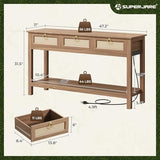 SUPERJARE Rattan Console Sofa Table with Outlets and USB-C Port, 3 Drawer Entryway Table with Synthetic Rattan Surface, Open Shelf, Behind Couch Entry Foyer Hallway Storage, Brown SUPERJARE