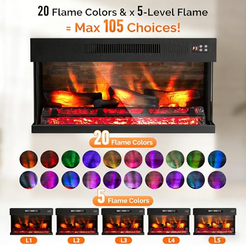 ROVSUN 28 Inch 3-Sided Glass Electric Fireplace Insert, Electric Fireplace Heater with Remote Control, Wall Mounted and Recessed Fireplace with 8H Timer, 20 Flame Color for Indoor Use, Office, Bedroom ROVSUN