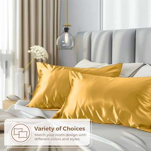 Pure Bedding Satin Pillowcase 2 Pack - King Size (20"x40", Gold) - Silky Pillow Cases for Hair and Skin - Satin Pillow Covers with Envelope Closure - Extra Soft Premium Microfiber Pure Bedding
