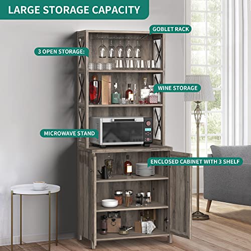 DWVO 67" Tall Wine Bar Cabinet for Liquor and Glasses, Farmhouse Kitchen Cabinet Coffee Bar with Adjustable Shelves, Open Storage Shelves, Buffet Kitchen Cabinet for Dinning Room, Kitchen, Grey Wash DWVO