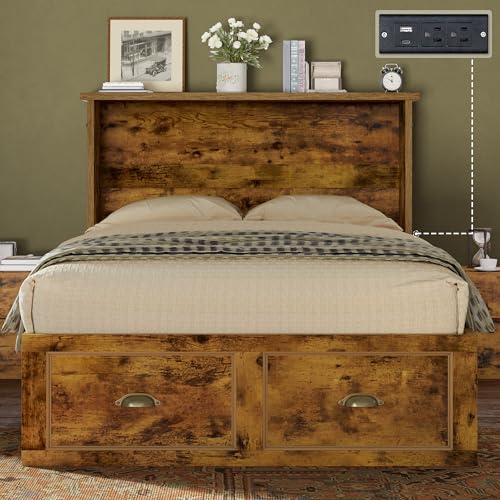 AMERLIFE Twin Size Murphy Bed, Farmhouse Wooden Cabinet with Charging Station and Storage Drawer for Bedroom/Office/Guest Room, Rustic Brown AMERLIFE