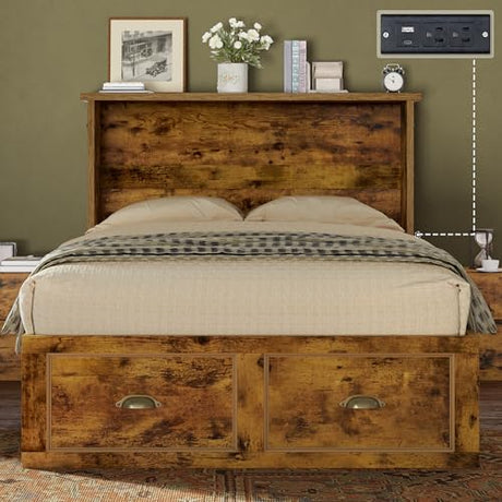 AMERLIFE Twin Size Murphy Bed, Farmhouse Wooden Cabinet with Charging Station and Storage Drawer for Bedroom/Office/Guest Room, Rustic Brown AMERLIFE