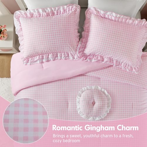 Intelligent Design Rowena Full Comforter Set – Blush Pink Gingham Ruffled Bedding, Vintage Farmhouse Style, Reversible All Season 4-Piece Bedding Set, Full/Queen, Gift for Her Intelligent Design