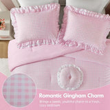 Intelligent Design Rowena Full Comforter Set – Blush Pink Gingham Ruffled Bedding, Vintage Farmhouse Style, Reversible All Season 4-Piece Bedding Set, Full/Queen, Gift for Her Intelligent Design