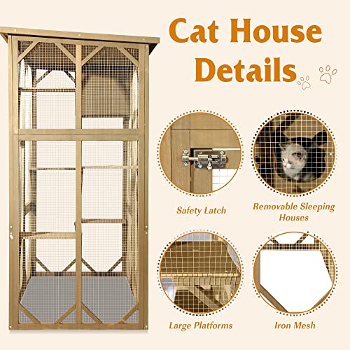 Grepatio Cat Enclosure Large Outdoor Catio Wooden Cat House with Weatherproof, Cat Cage Condo Indoor Playpen with Platform and Small House (Natural) Grepatio