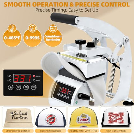 WERMAH Hat Heat Press, Hat Press Heat Machine for Caps with 2 Platens, White Hat Heat Press Machine for Caps with Non-Slip Base for Heat Transfer Vinyl WERMAH