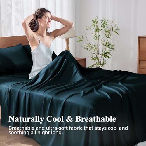 KRIMANO Full Size Sheet Set, Viscose Bamboo Sheets for Bed Set 4pcs, 100% Viscose Derived from Bamboo, Hotel Luxury Silky & Cooling for Hot Sleepers, Deep Pocket Up to 17", Navy Blue KRIMANO