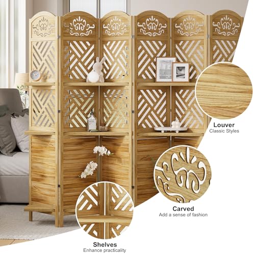 Room Divider with Shelves, 5.75ft Tall Folding Wood Carved Screen with Double Hinges for Home Office Bedroom Hotel Decoration (6 Panels, Natural) Svimi