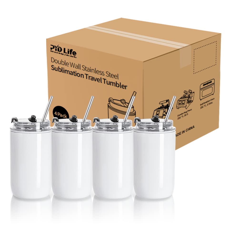PYD Life Sublimation Kids Tumblers Blanks 12 OZ White Tumbler Cups Stainless Steel Coffee to Go Travel Tumblers with Lid and Metal Straw for Tumbler Heat Press Sublimation Oven Print 4 Pack PYD Life