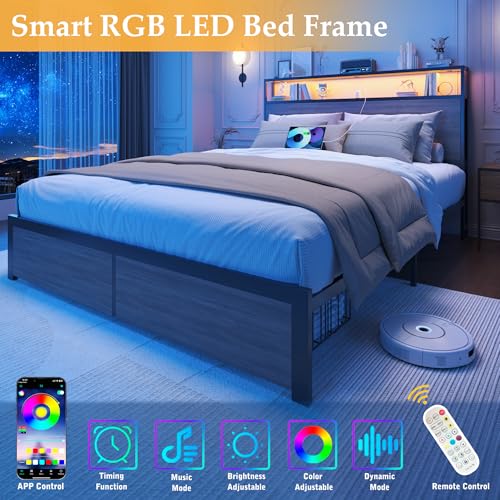 Lifezone Full Bed Frame with 2-Tier Storage Headboard, Metal Bed Frame with Storage Drawers & Built-in Charging Station & LED, Noise-Free, No Box Spring Needed, Easy Assembly, Rustic Grey Lifezone