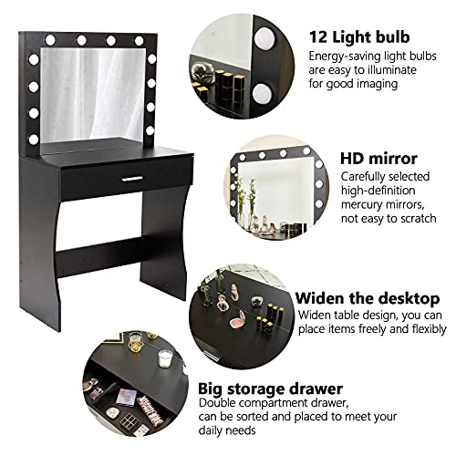 Titoni Vanity Desk, Makeup Vanity Desk Storage with Mirror, Lights for Bedroom (Black)