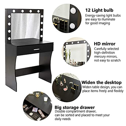 Titoni Vanity Desk, Makeup Vanity Desk Storage with Mirror, Lights for Bedroom (Black)