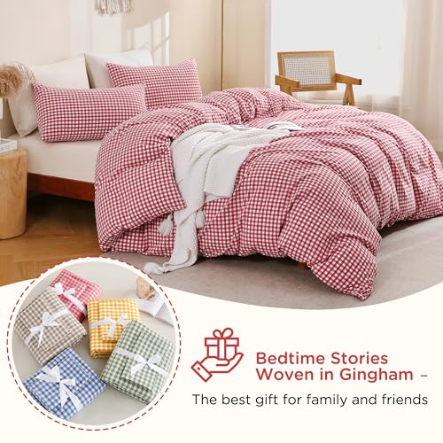 TOCOMOA Red Gingham Duvet Cover Bedding Set 100% Washed Cotton Like Linen Feel Super Soft Comfortable 3 Piece Cute Plaid Checkered Comforter Cover Set (Queen 90"x90", Comforter Not Included) TOCOMOA